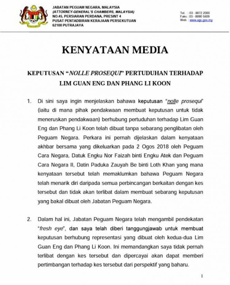 KHAIRUL AZAM: KENYATAAN MEDIA PENGGUGURAN KES GUAN ENG ...