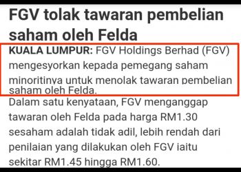 FELDA DIGESA HENTI ‘GUNA’ PENGURUS FELDA UNTUK DESAK PENEROKA JUAL SAHAM FGV